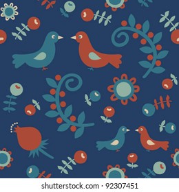 Seamless pattern with birds, berries and flowers