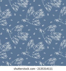 seamless pattern with birds and berries on blue background. vector illustration in doodle style