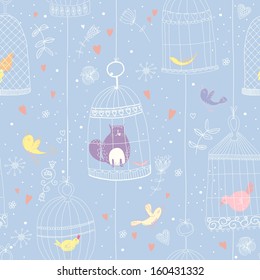 Seamless pattern with birds and birdcages. EPS 10. No transparency. No gradients.