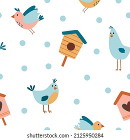 Seamless pattern with birds and birdhouse for fabrics, clothing, holidays, packaging paper, decoration. Vector illustration.