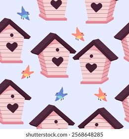 Seamless pattern with birds and birdhouses. Springtime hand drawn illustration.