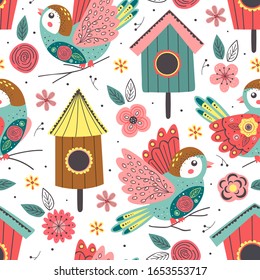 patrón transparente con aves y aves - ilustración vectorial, pasos    
