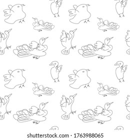 seamless pattern with birds. Black and white doodle with birds. children's drawing. duck, goose, pigeon, chicken. For printing to fabric, wallpaper design, packaging of eco goods, notebook cover