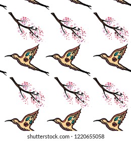 Seamless pattern with birds and blossom branches, hand drawn sketch, vector illustration 
