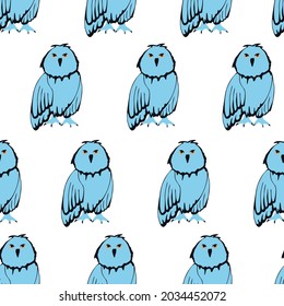 seamless pattern with birds. Blue owls. Nature vector background. 