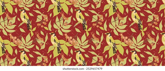 A seamless pattern of birds and branches with berries. The birds are in muted orange and black tones, creating a calm and peaceful design.