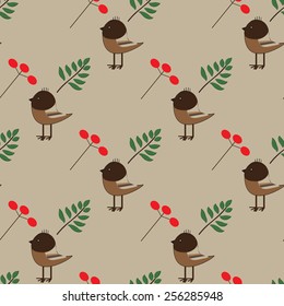 Seamless pattern with birds, branches and berries