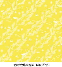 Seamless pattern with birds and branches on yellow