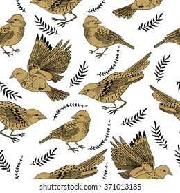 Seamless pattern with birds and branches. Vector illustration.