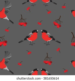 seamless pattern of birds bullfinch and red berries on a gray background