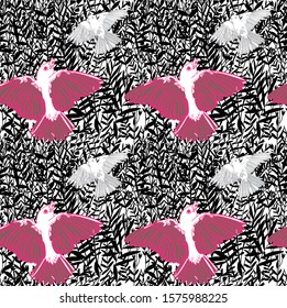 Seamless pattern with birds in the bush. Small details, feathers, leaves.у