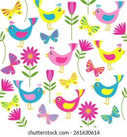 Seamless pattern with birds and butterflies