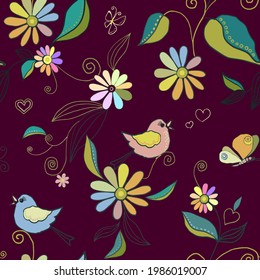 Seamless pattern with birds, butterflies, anemones, wild flowers and rainbow colors. Small flowers in vintage watercolor and line art style. Tropical, exotic floral vector illustration burgundy print.