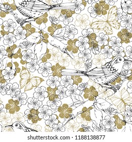 Seamless pattern with birds, butterflies and blossoming trees on a white background. Hand-drawn vector Illustration.