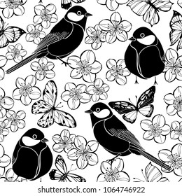 Seamless pattern with birds, butterflies and cherry blossoms on a white background. Black and white vector illustration.