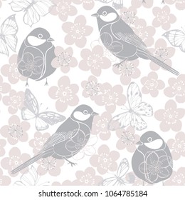 Seamless pattern with birds, butterflies and cherry blossoms on a white background. Pastel vector illustration.