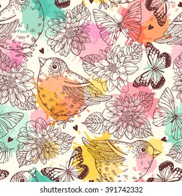 Seamless pattern with birds, butterflies and dahlias. Freehand drawing