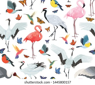 Seamless pattern with birds and butterflies. Flamingos, cranes, hummingbirds, chickadees and bullfinches
