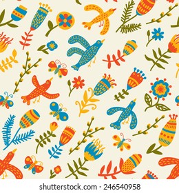 Seamless pattern with birds, butterflies and flowers. Vector illustration.