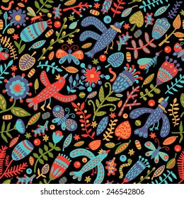 Seamless pattern with birds, butterflies and flowers. Vector illustration.