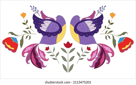 Patrón sin foco con las aves. Patrón sin foco con pollo de caricatura. El pájaro étnico en colores brillantes. Colorido y fabuloso ave del paraíso entre flores y hojas decorativas. Ornamento floral vintage 