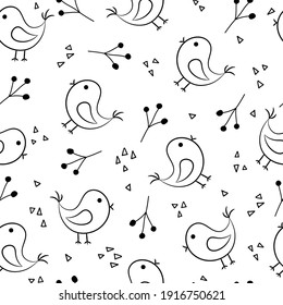 Seamless pattern with birds in cartoon style, linear art. Background for the design of the cover of the product packaging, advertising banner, postcard, printing on textiles.