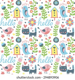 Seamless pattern with birds, cat and birdhouse