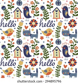 Seamless pattern with birds, cat and birdhouse