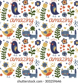 Seamless pattern with birds, cat and flowers, Valentine's day, lovers, couple, hearts, amazing, love