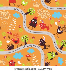 seamless pattern with birds and cats