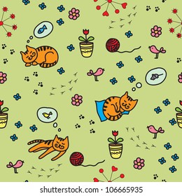 seamless pattern with birds and cats. Can be used for wallpaper, pattern fills, web page background, surface textures, textiles for children