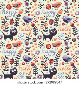 Seamless pattern with birds, cats, flowers, strawberries, berries, words hello and happy