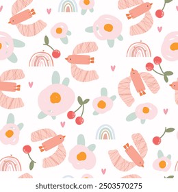 Seamless pattern with birds, cherries, flowers and hearts. Naive summer pattern for wrapping paper, fabric, clothes.	

