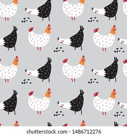 Seamless pattern of birds chickens and seeds. Chicken farm.Texture for gift paper, bed linen, textiles.