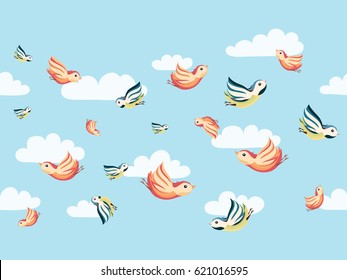 Seamless pattern with birds in clouds.