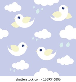 Seamless pattern with birds and clouds. Childish flat style. It can be used on wallpapers, cards, wrapping paper. 
