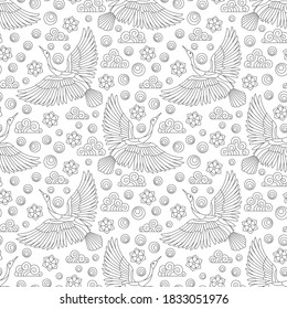 Seamless pattern with  birds, clouds and flowers, dark contour birds on a white background