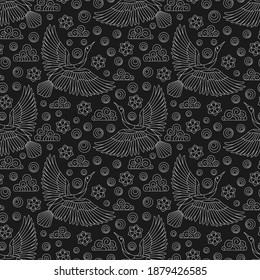 Seamless pattern with  birds, clouds and flowers, light contour birds on a dark background