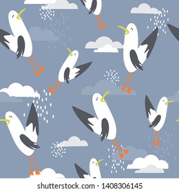 Seamless pattern, birds and clouds, hand drawn overlapping backdrop. Colorful background vector. Cute illustration, seagulls. Decorative wallpaper, good for printing