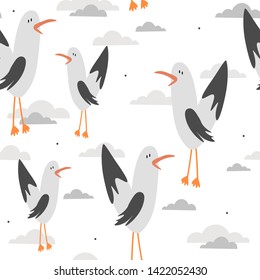 Padrão contínuo, pássaros e nuvens, desenho à mão sobrepondo o pano de fundo. Vetor de fundo colorido. Ilustração bonita, gaivotas. Papel de parede decorativo, bom para impressão