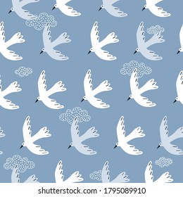 Seamless pattern, birds, clouds, hand drawn overlapping backdrop. Colorful background vector. Cute illustration, seagulls. Decorative wallpaper, good for printing