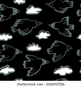 Seamless pattern with birds and clouds.Background  with funny flying animals in the sky. Vector illustration in doodle hand drawn  style. Design element for wrapping, textile, fabric and surface