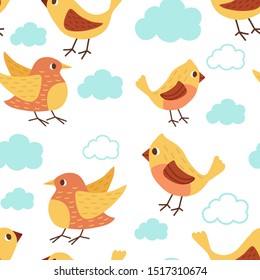 Seamless pattern of birds and clouds.Cute yellow and pink birds. Flat vector illustration.