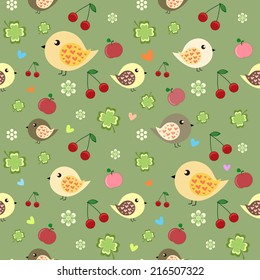 Seamless pattern with birds and clovers.