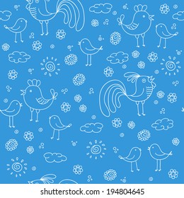 Seamless pattern of birds. Cock. Chicken. Vector illustration. Background