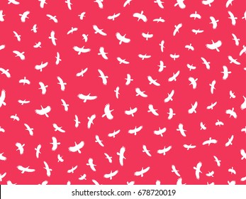 Seamless pattern with birds. Contours of white birds on a red background. Vector illustration