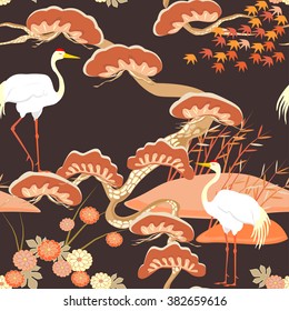 Seamless pattern with birds. Crane. Heron. Japanese pattern. Ornament with oriental motifs. Vector.