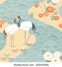 Seamless pattern with birds. Crane. Heron. Japanese pattern. Ornament with oriental motifs. Vector.