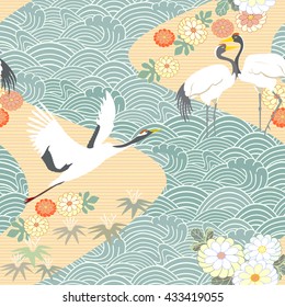 Seamless pattern with birds. Crane. Heron. Japanese pattern. Ornament with oriental motifs. Vector.