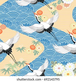 Seamless pattern with birds. Crane. Heron. Japanese pattern. Ornament with oriental motifs. Vector.